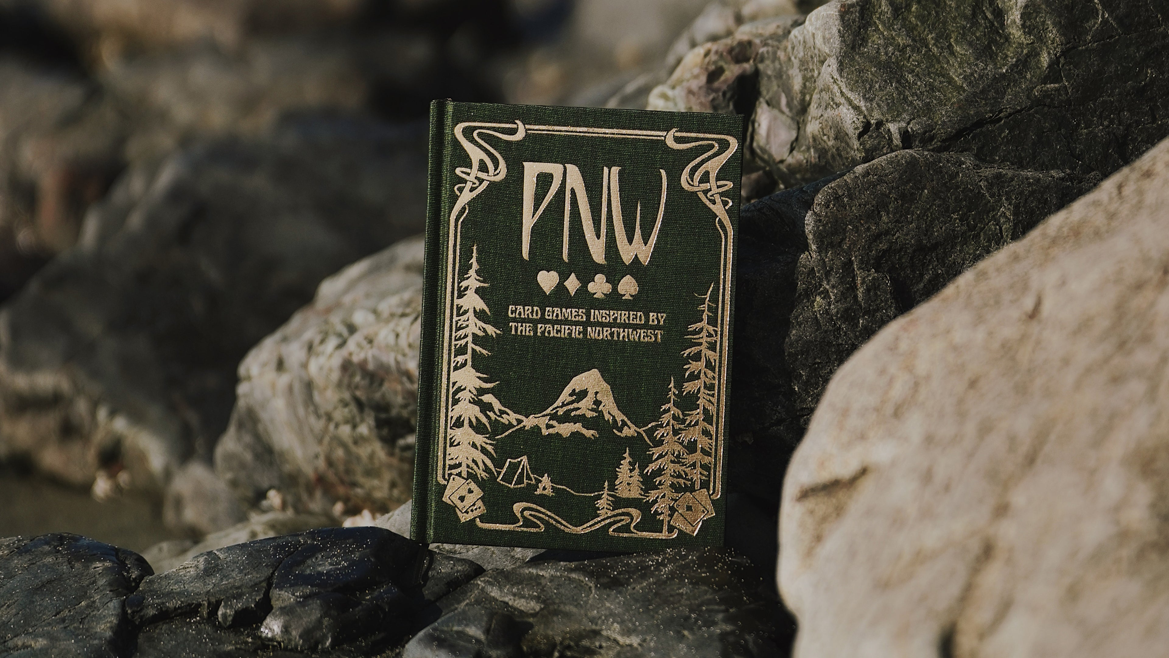 Load video: Hardcover linen book opened and thumbed through over a Pacific Northwest beach.